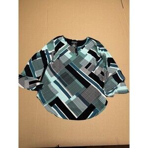 Van Heusen Women's Size Small 3/4 Sleeve Black White Real Green Top Blouse